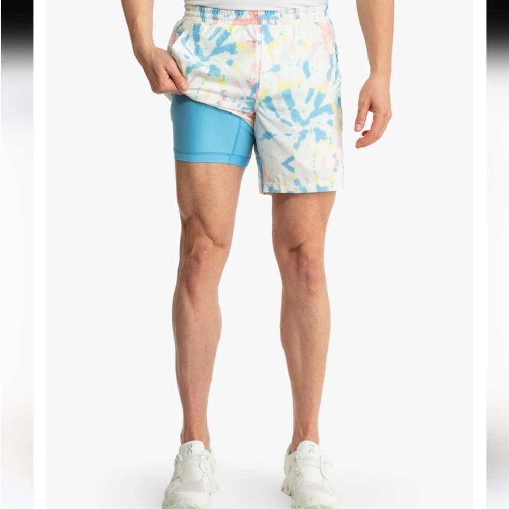 Birddogs BirddaroosGym Shorts Tie Dye Built-In Compression Liner Blue Yellow Whi